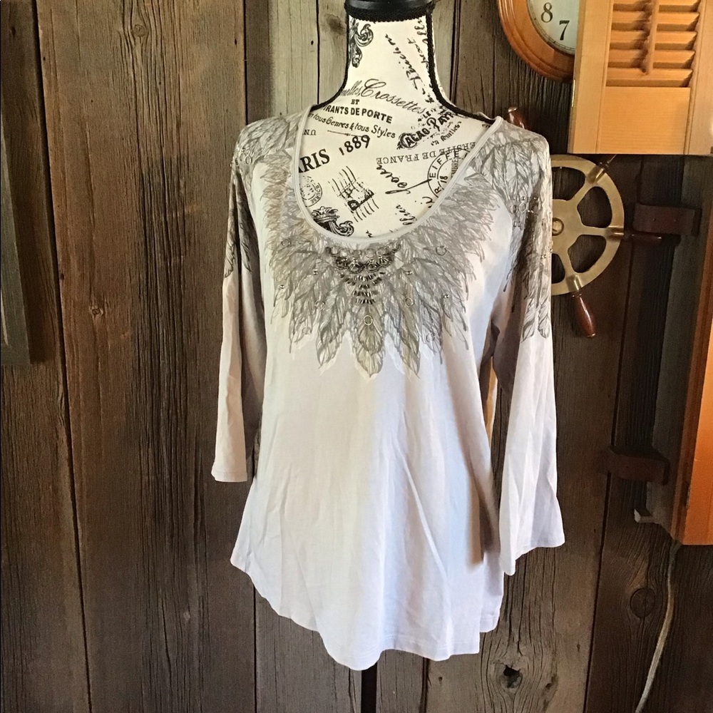 Chico’s feather and beaded shirt NWOT